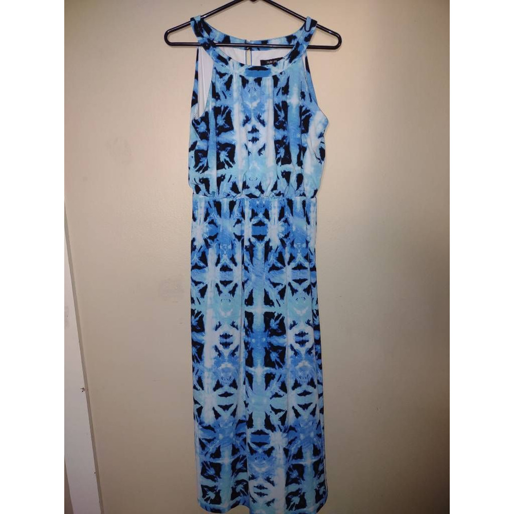 Style&co. Womens A Line Dress Blue Black Geometric Keyhole Stretch Petites PM